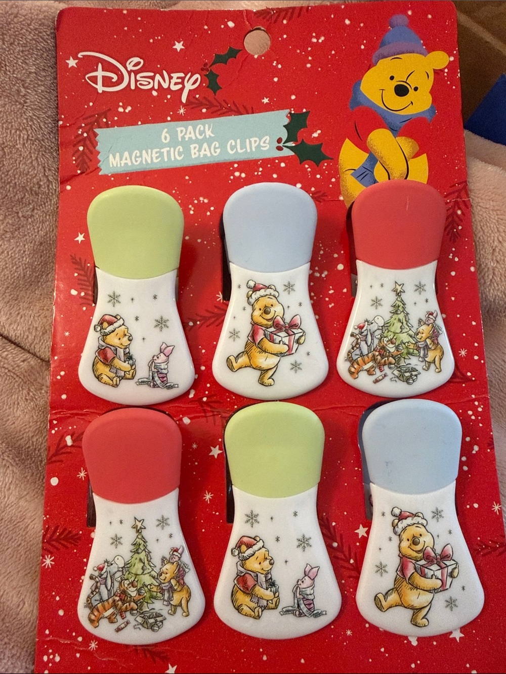Disney Winnie the Pooh Magnetic Holiday Bag Clips - Red, Green, Blue Tops